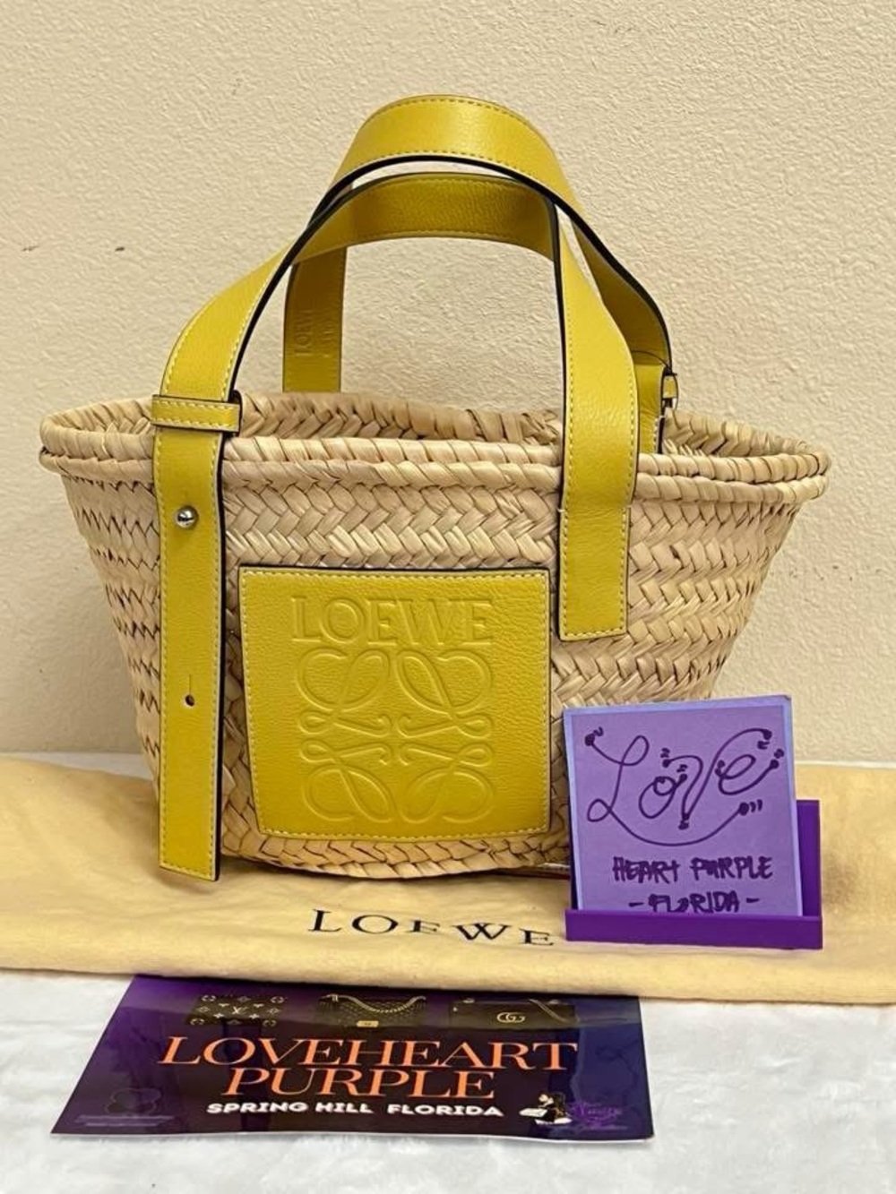 Loewe Yellow Leather-Trim Woven Basket Tote with Embossed Logo